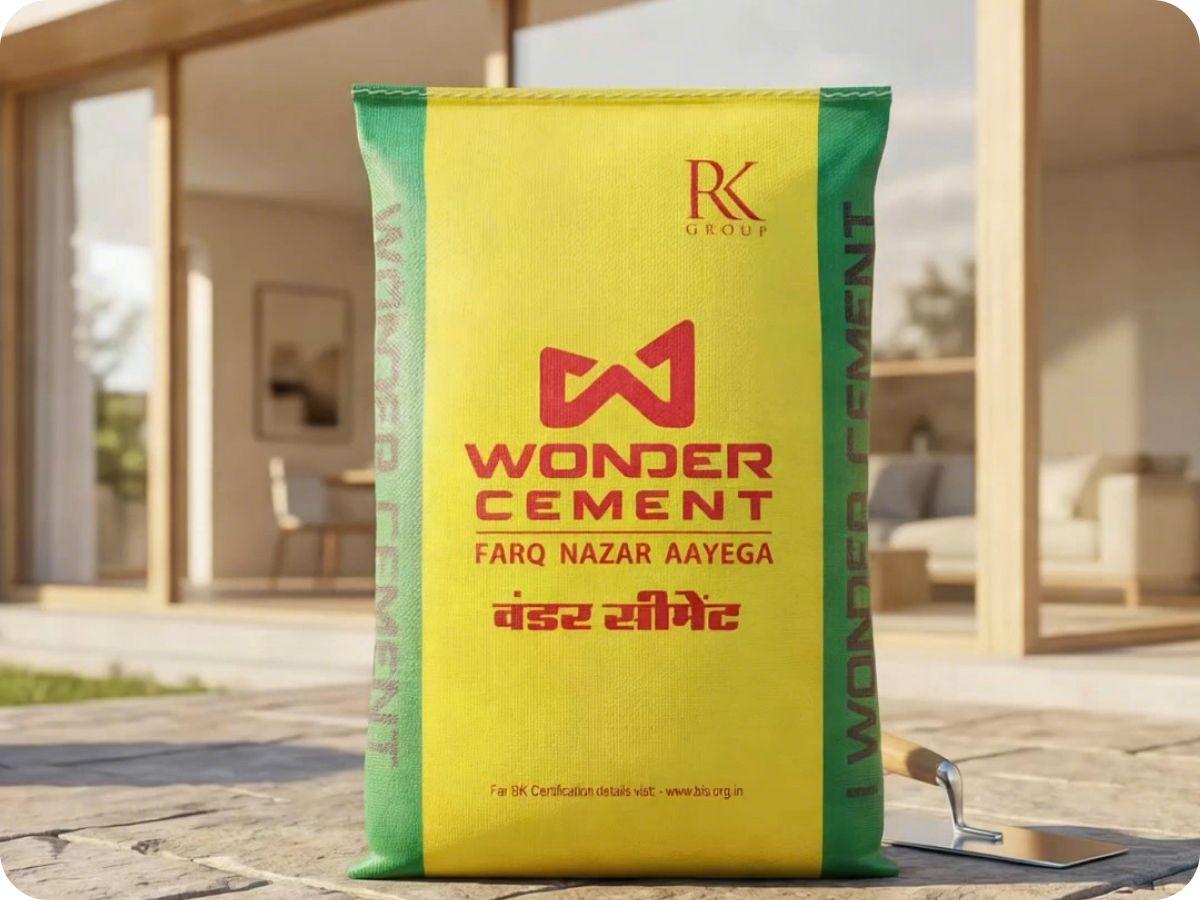 Yellow and green Wonder Cement bag on paved ground with a modern building in the background.