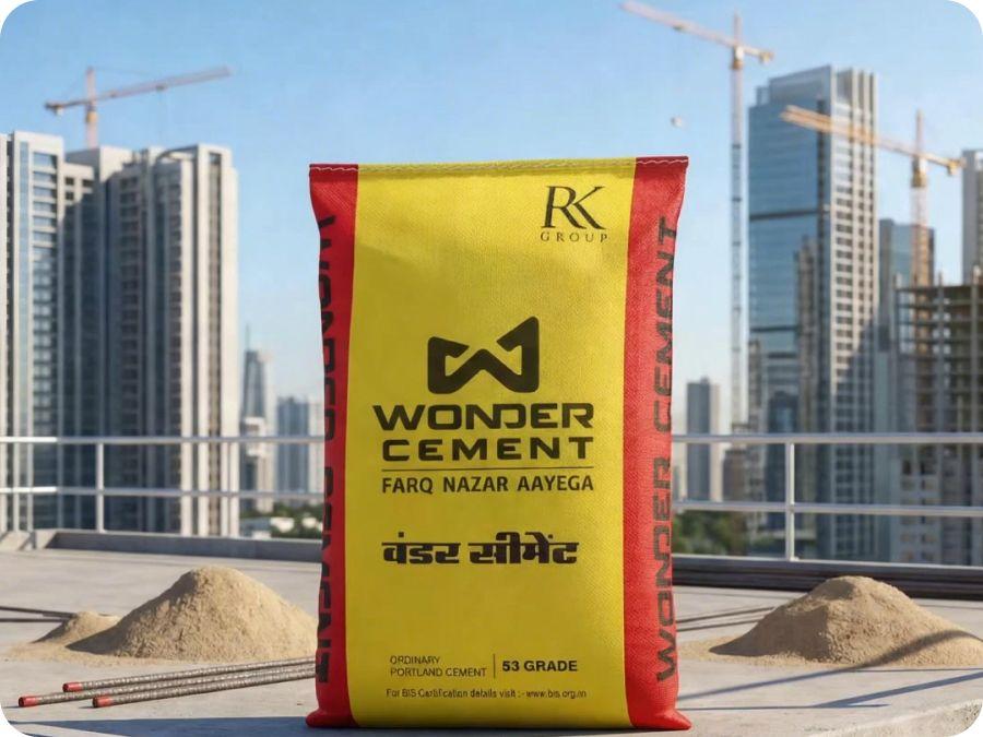 A yellow and red Wonder Cement bag on a rooftop, with city buildings under construction.