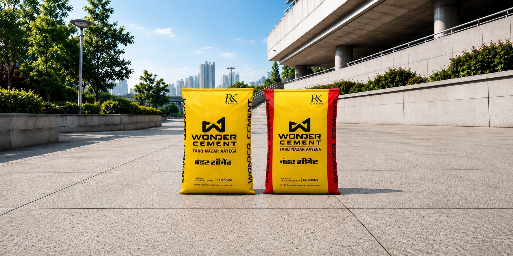 Two yellow Wonder Cement bags, one with a red bottom, sit on a paved path outdoors.