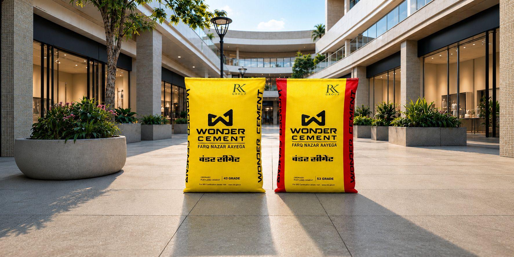 Two Wonder Cement bags, one yellow and one red-trimmed, stand on a paved outdoor walkway.