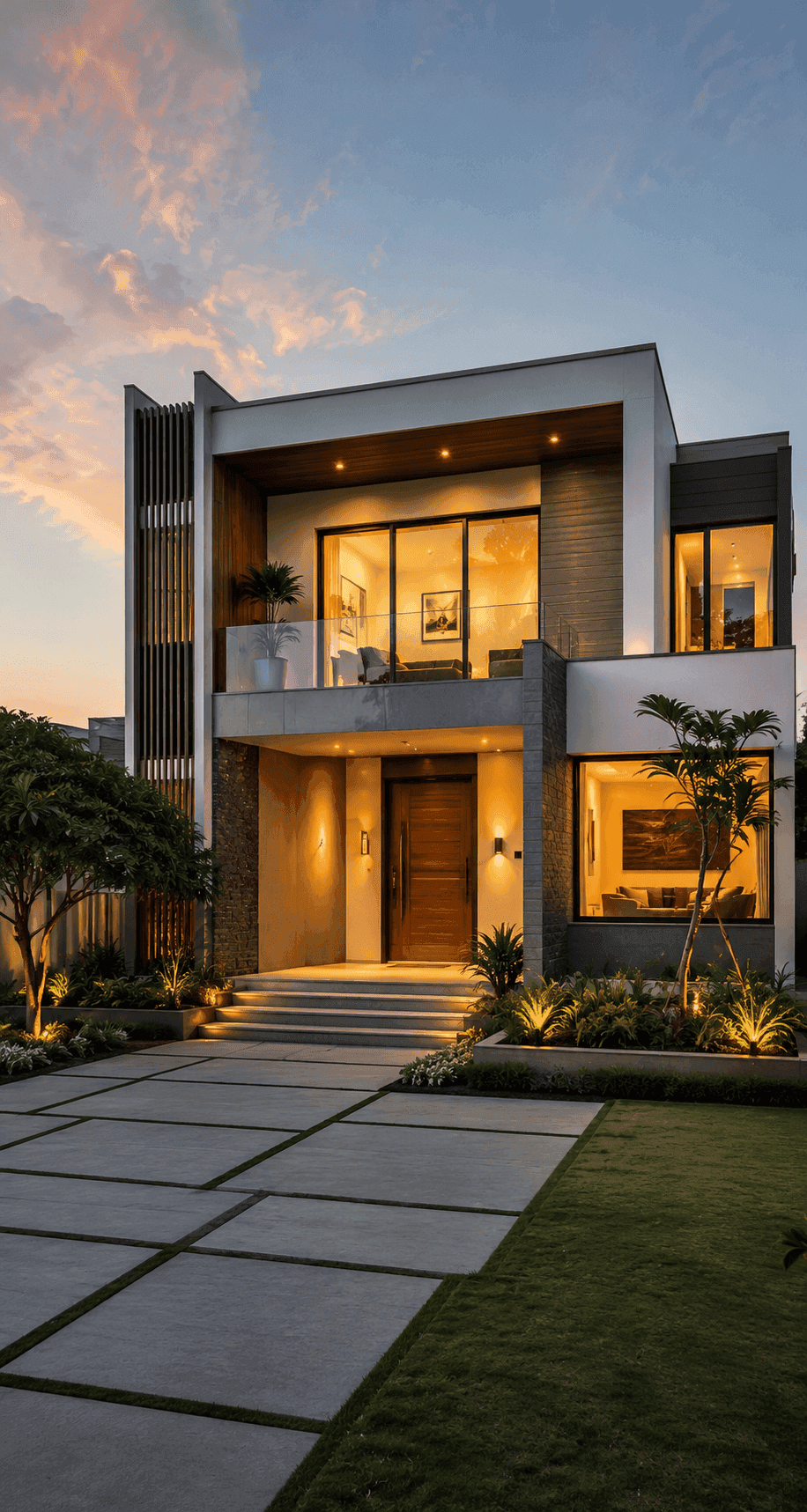 A striking modern house with illuminated interiors stands under a beautiful twilight sky.