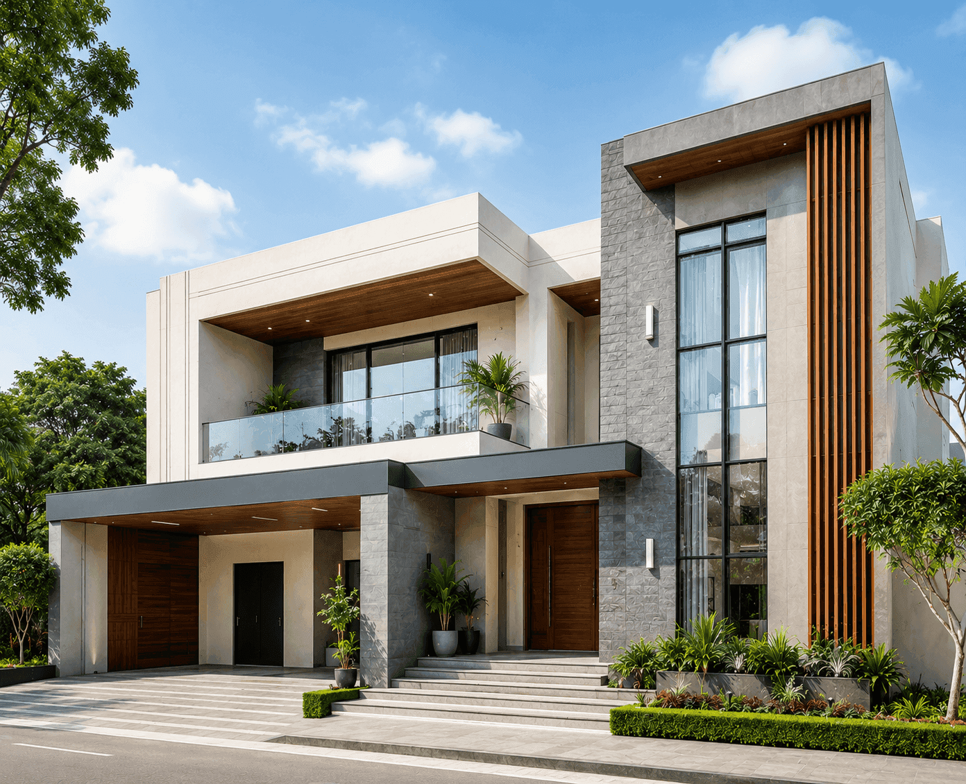 Modern luxury house with concrete and wood facade, large windows, and elegant entrance.