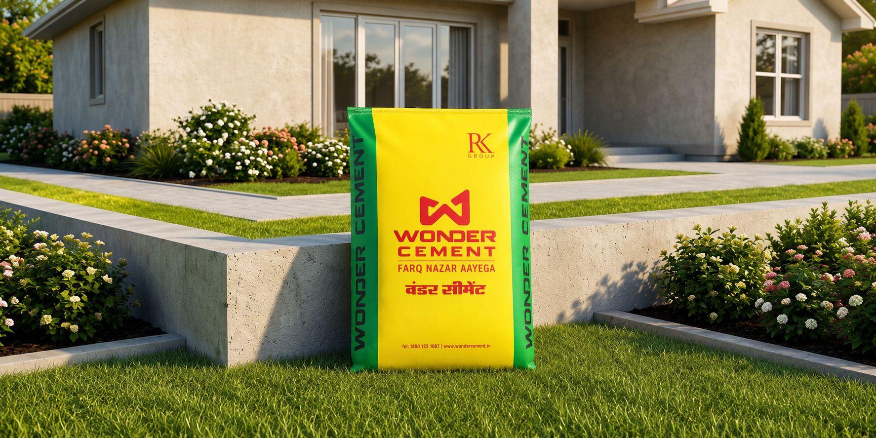 A green and yellow bag of Wonder Cement sits on a lush green lawn near a modern house.