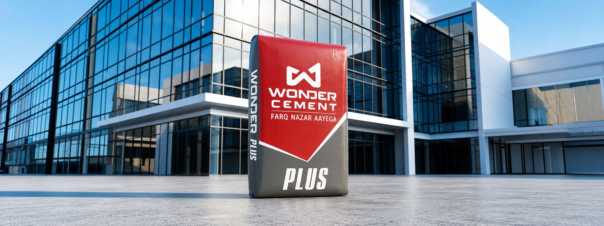 A red and gray Wonder Cement bag with 'PLUS' stands before a modern glass building.