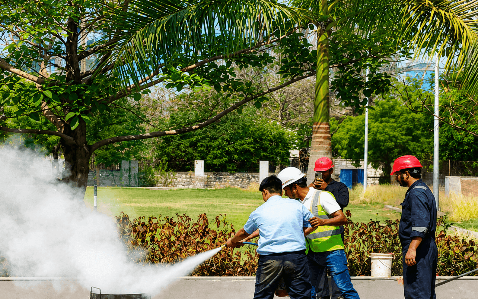 Workers practice extinguishing a small fire with a fire extinguisher during safety training.