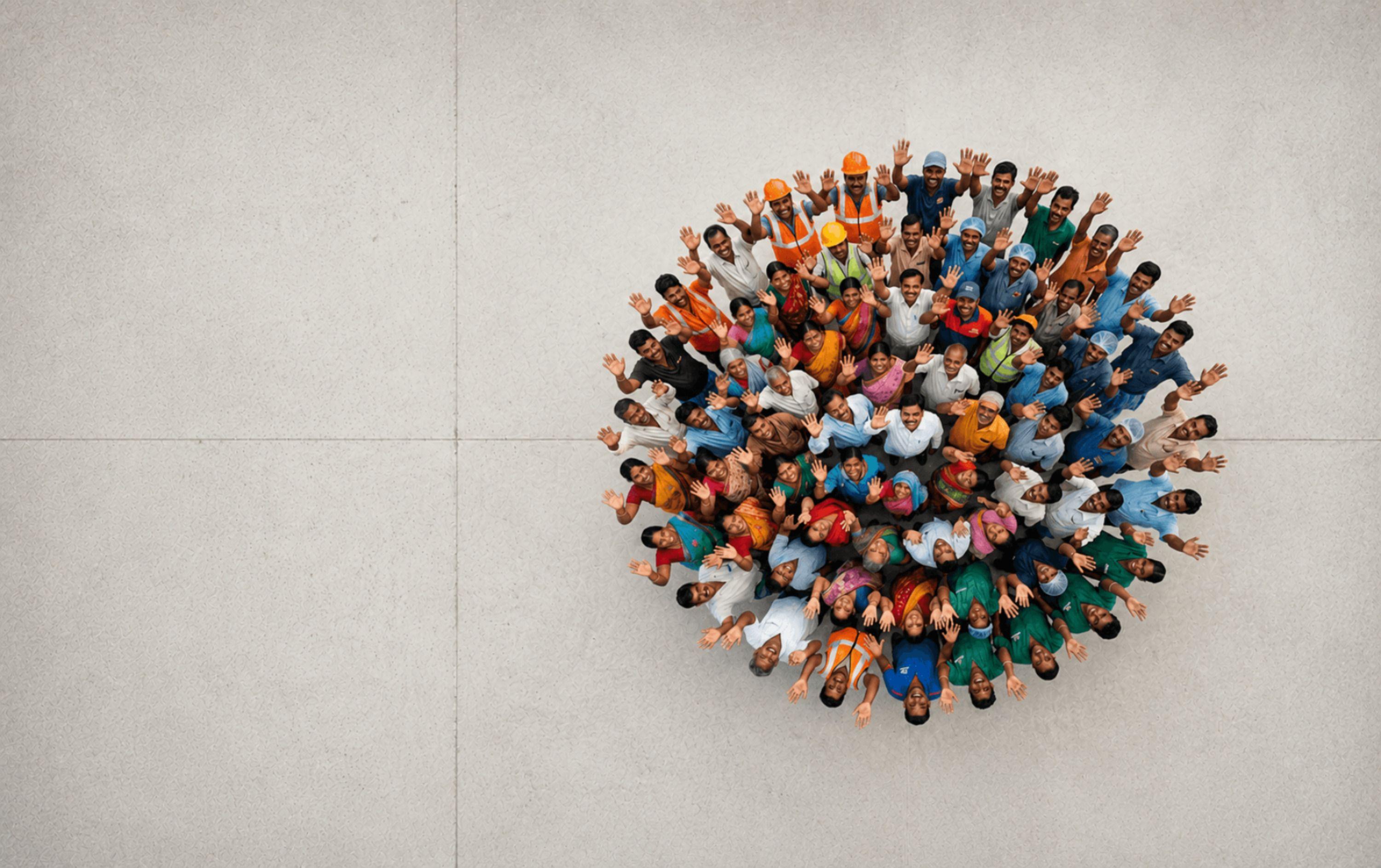 A diverse crowd of people seen from above, clustered in a circle with raised hands.