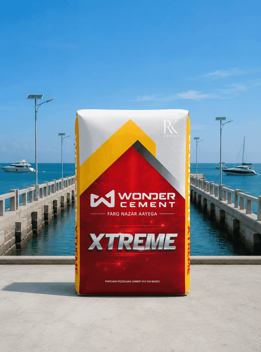 Wonder Cement Xtreme bag standing on a concrete pier overlooking a blue ocean.