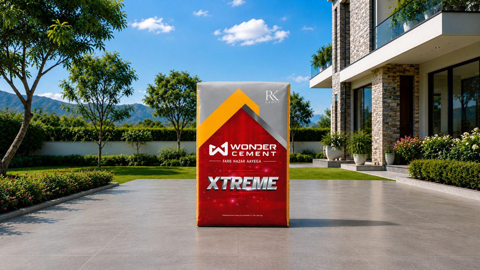 Wonder Cement XTREME bag stands on a paved driveway in front of a modern house.
