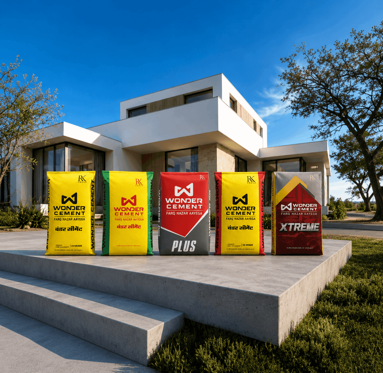 Five Southern Cement product bags in various colors displayed outside a modern white house.
