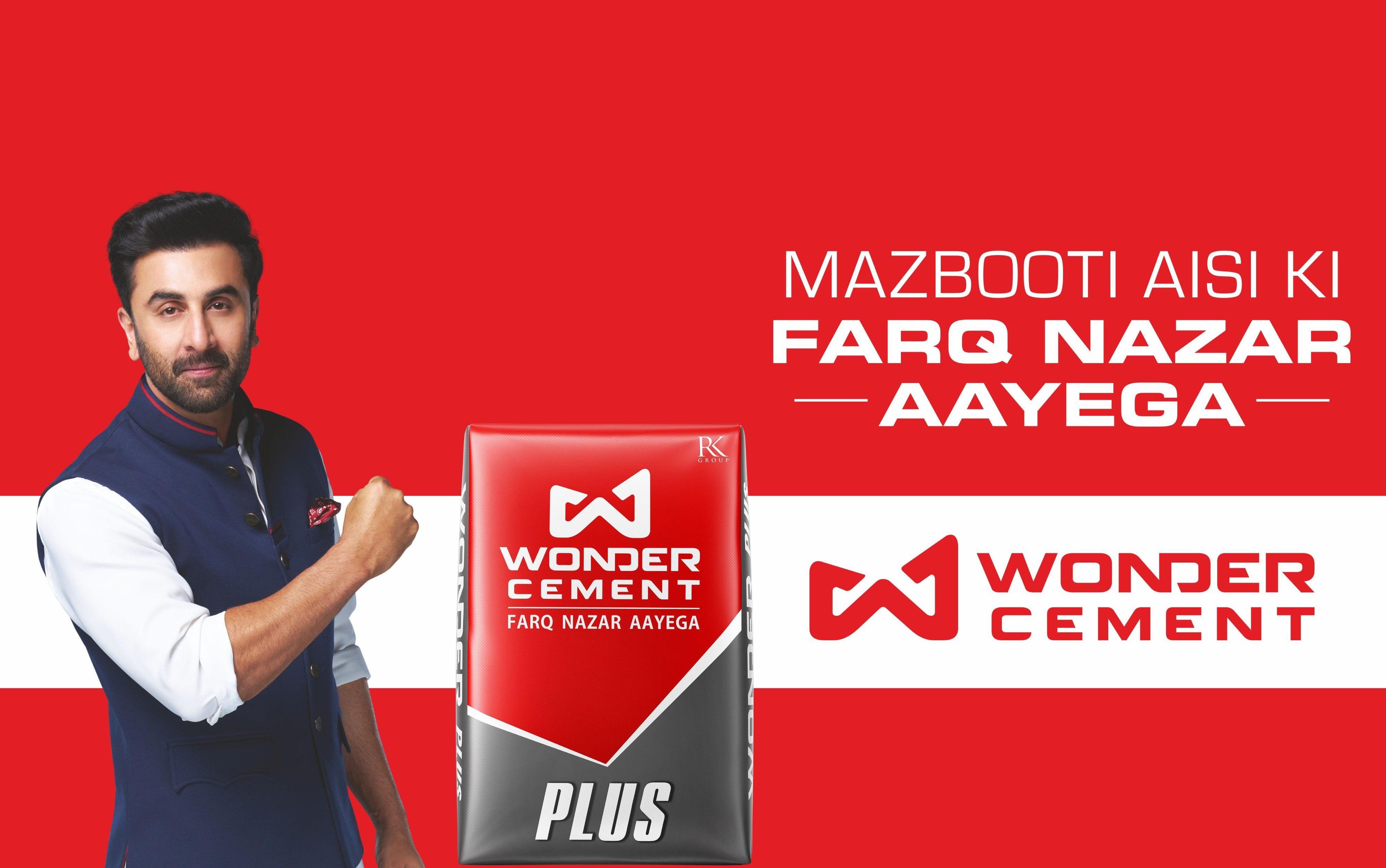 Ranbir Kapoor promotes Wonder Cement Plus, making a fist next to the product and campaign slogan.