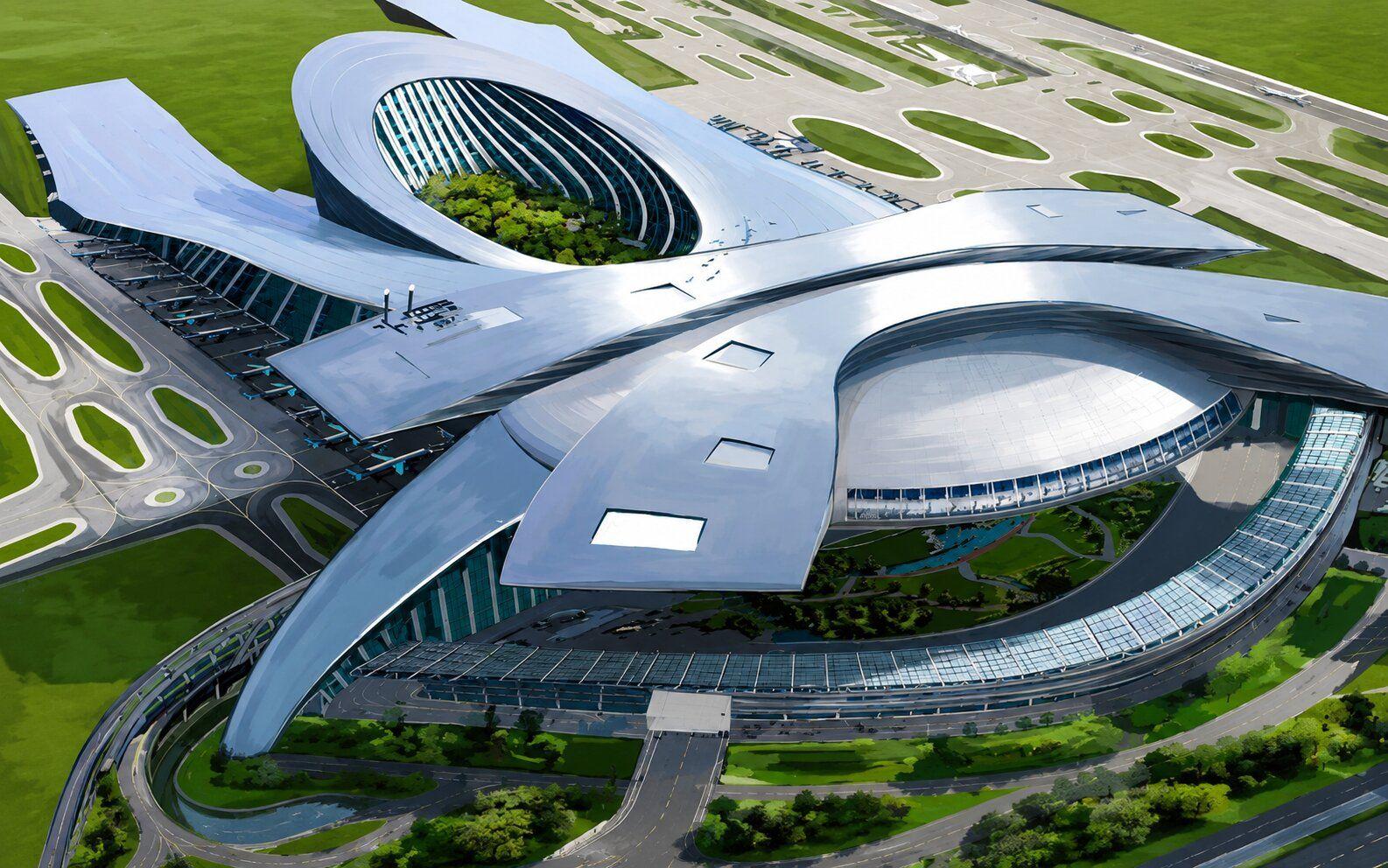 Aerial view of a sleek, modern airport terminal with a futuristic, curving silver roof structure.