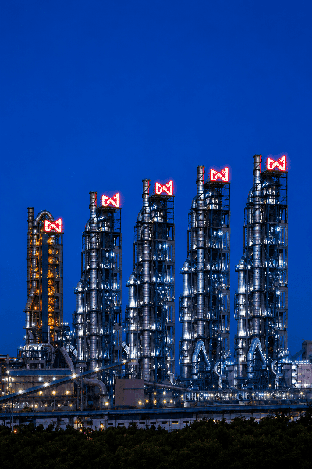 An illuminated industrial complex with five tall, lit structures under a dark blue night sky.