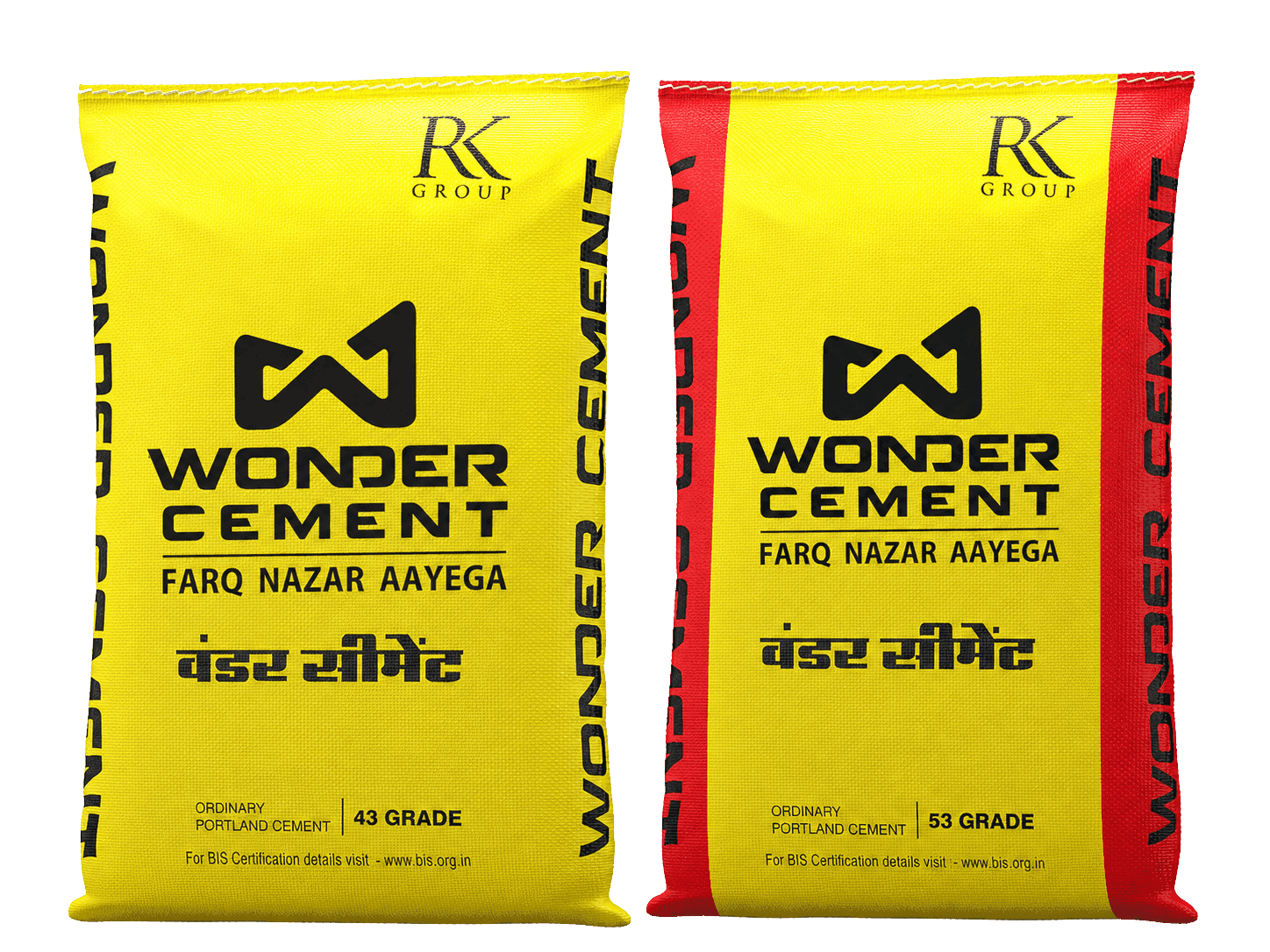 Two yellow Wonder Cement bags with 'RK GROUP' logo and '43 GRADE' displayed.