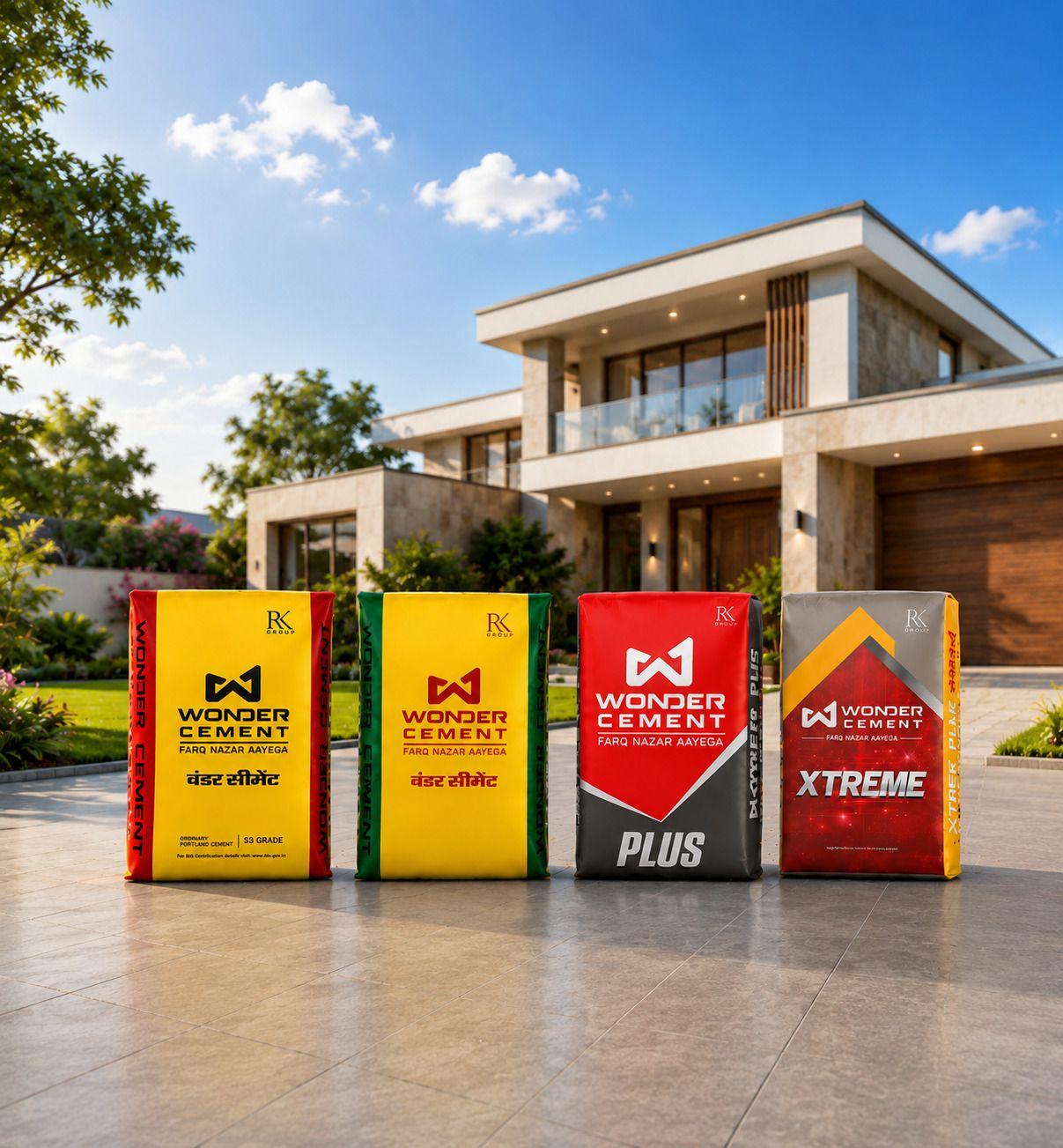 Four Wonder Cement product bags in yellow, green, red, and gray, in front of a modern house.
