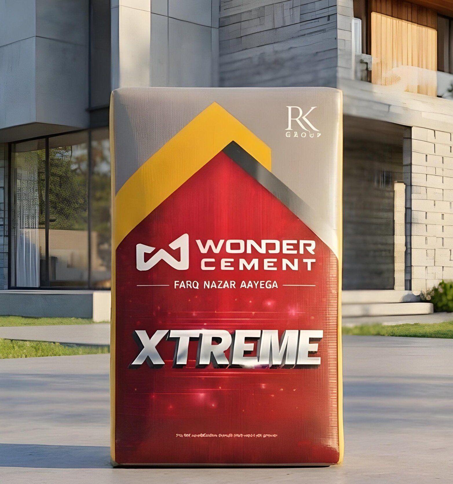 Red and gold Wonder Cement Xtreme bag standing before a contemporary architectural building.
