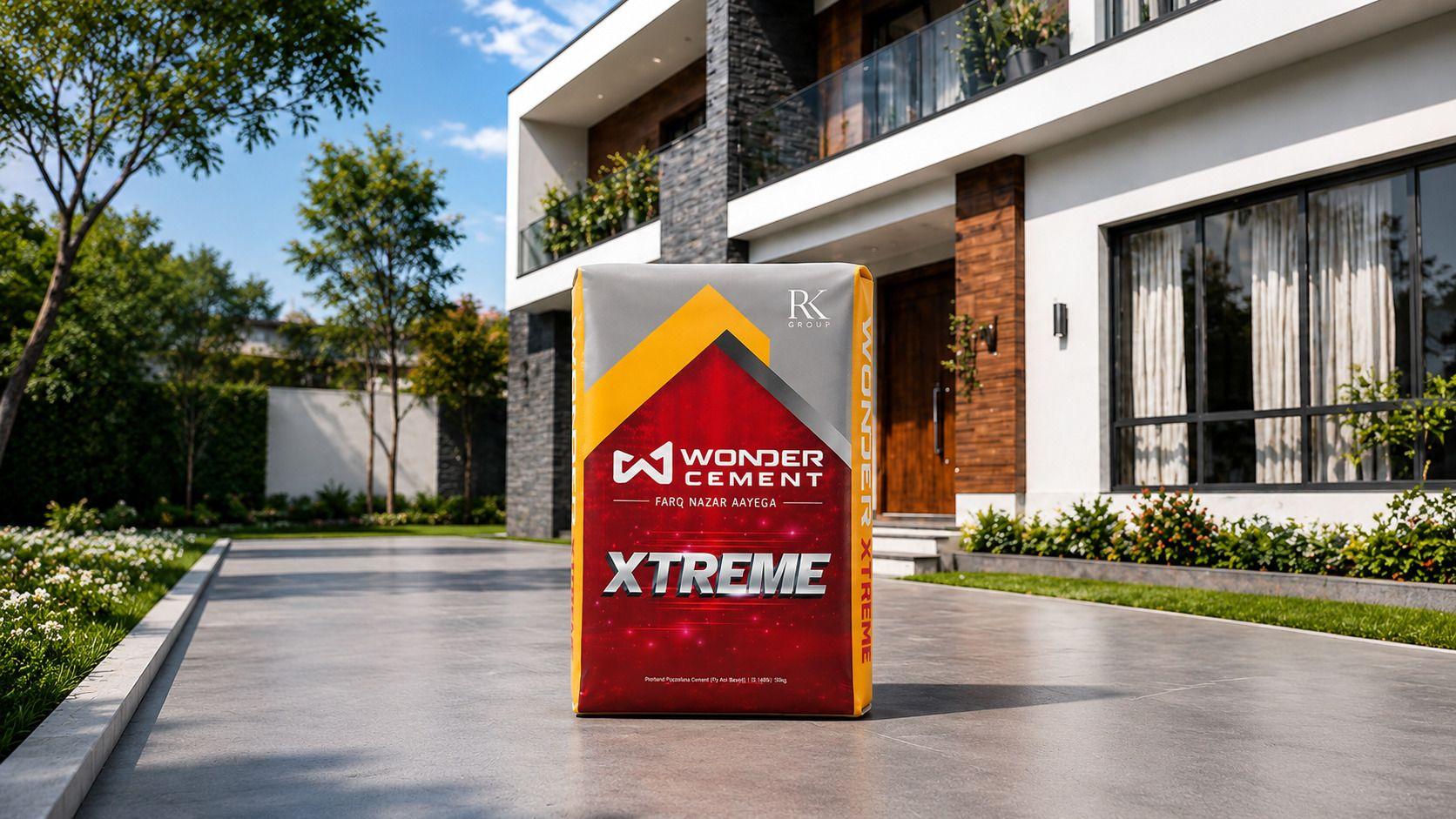 A bag of Wonder Cement XTREME stands on a paved driveway in front of a modern house.
