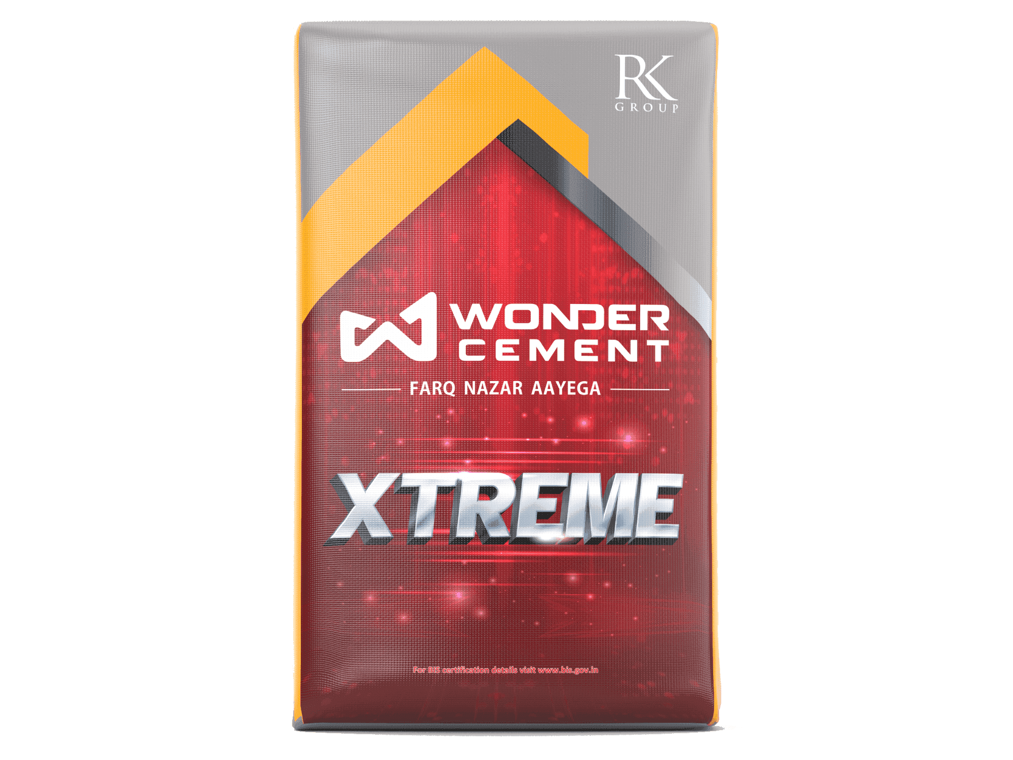 Wonder Cement Xtreme bag in red, grey, and yellow with 'Farq Nazar Aayega' text.