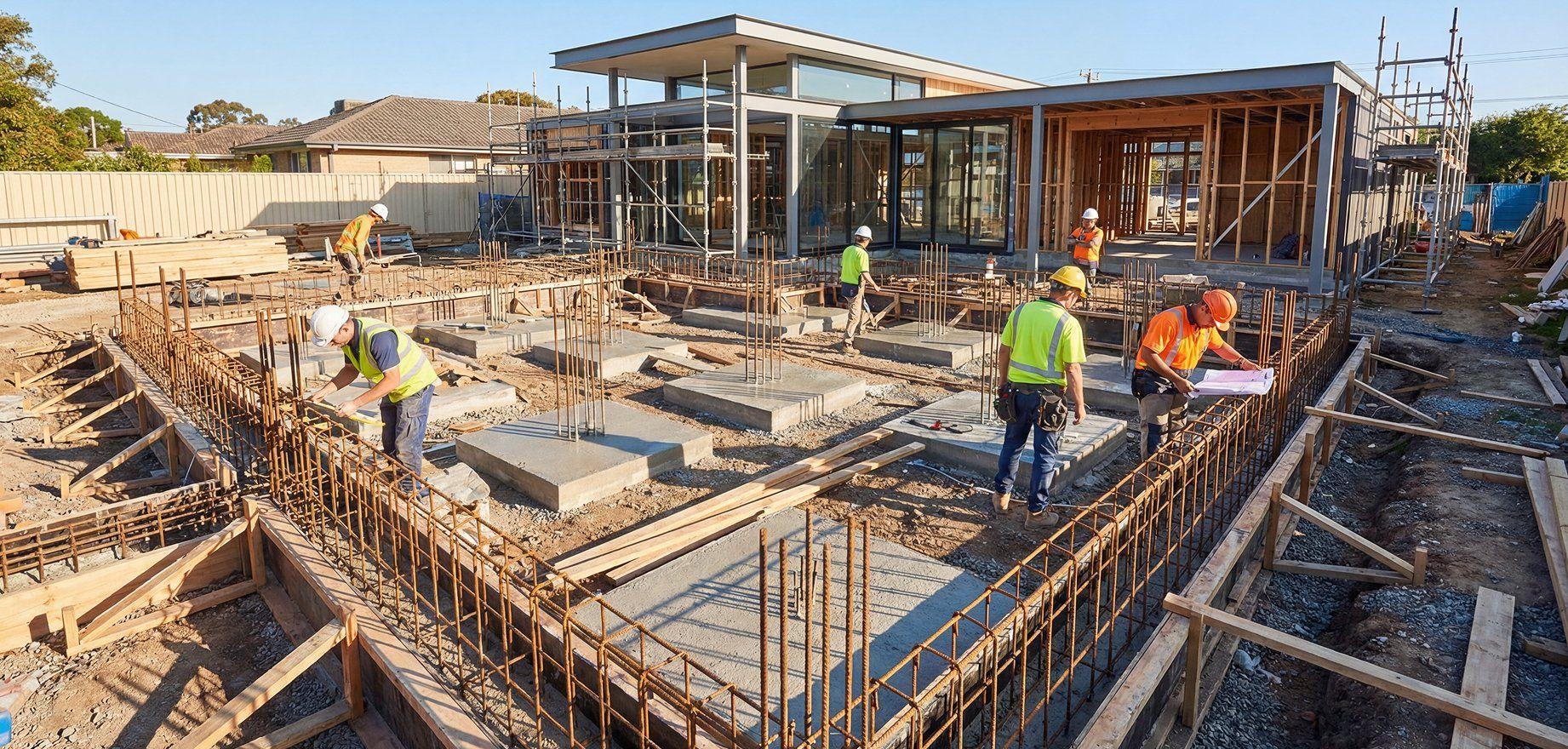 Construction workers build a modern house foundation with rebar and concrete slabs.