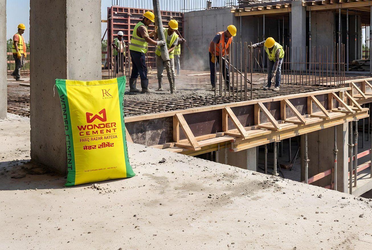 Yellow Wonder Cement eco-plus bag at a construction site with workers pouring concrete.