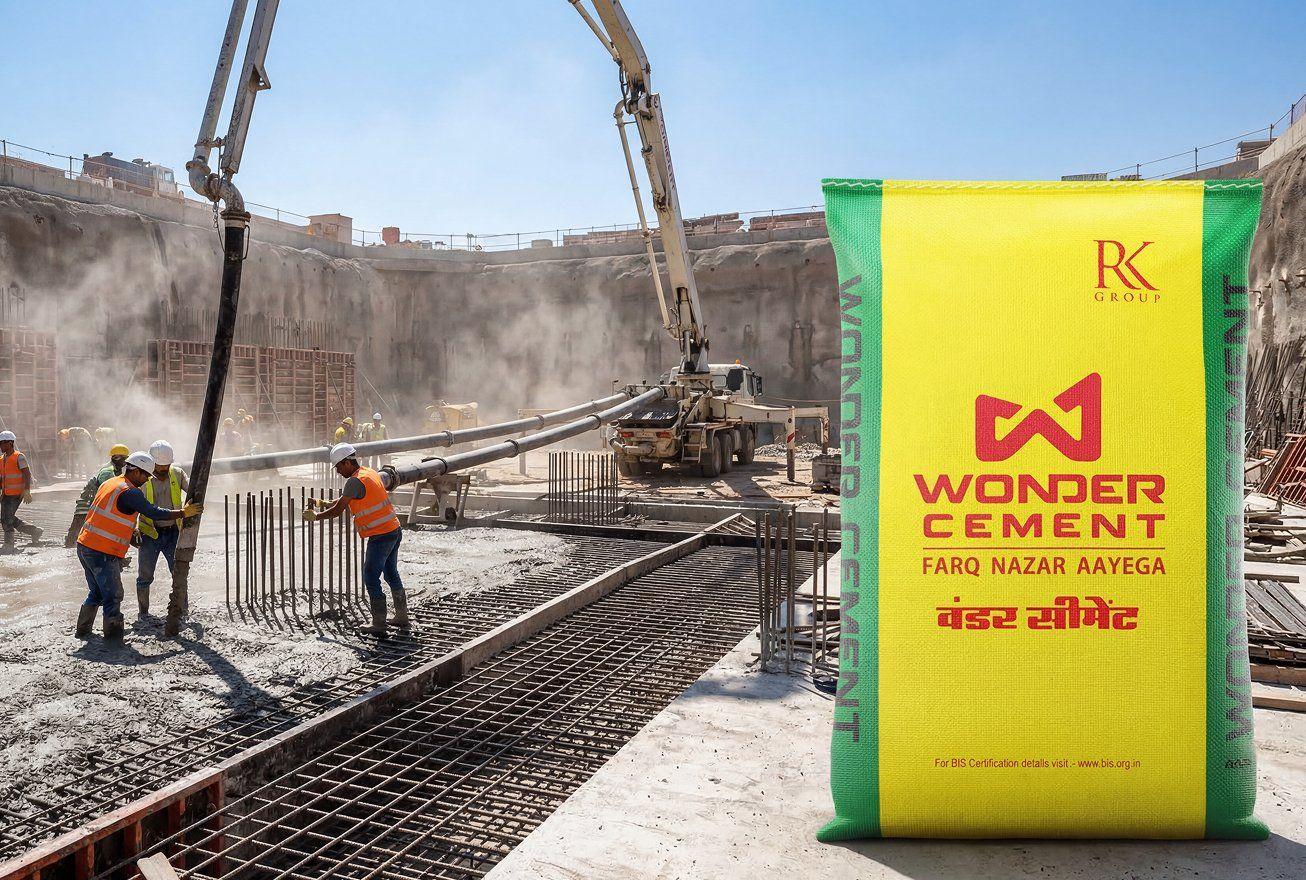 Wonder Cement bag next to a construction site with concrete being poured.