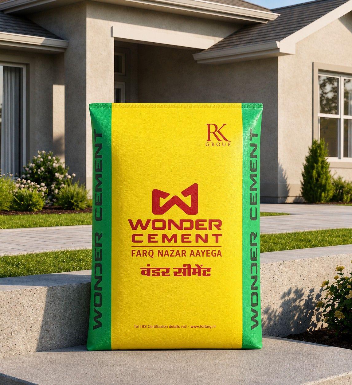 Bright yellow Wonder Cement bag with red logo stands on a patio before a modern house.