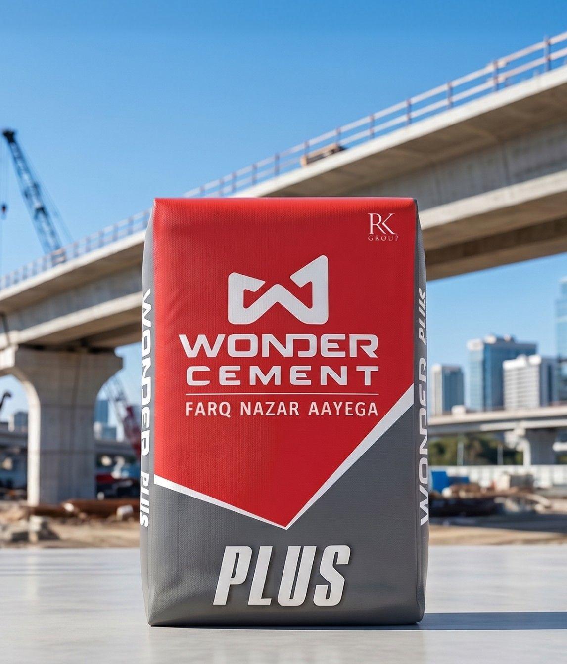 Wonder Cement PLUS bag stands prominently at a construction site with an elevated highway.