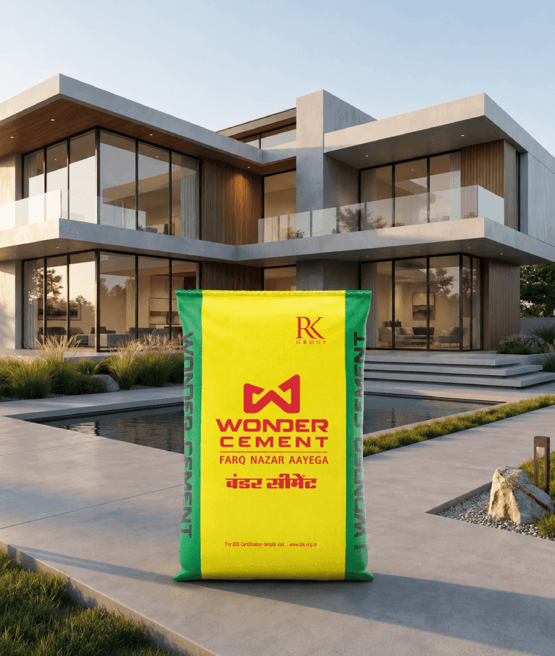 A green and yellow Wonder Cement bag stands prominently in front of a modern house.