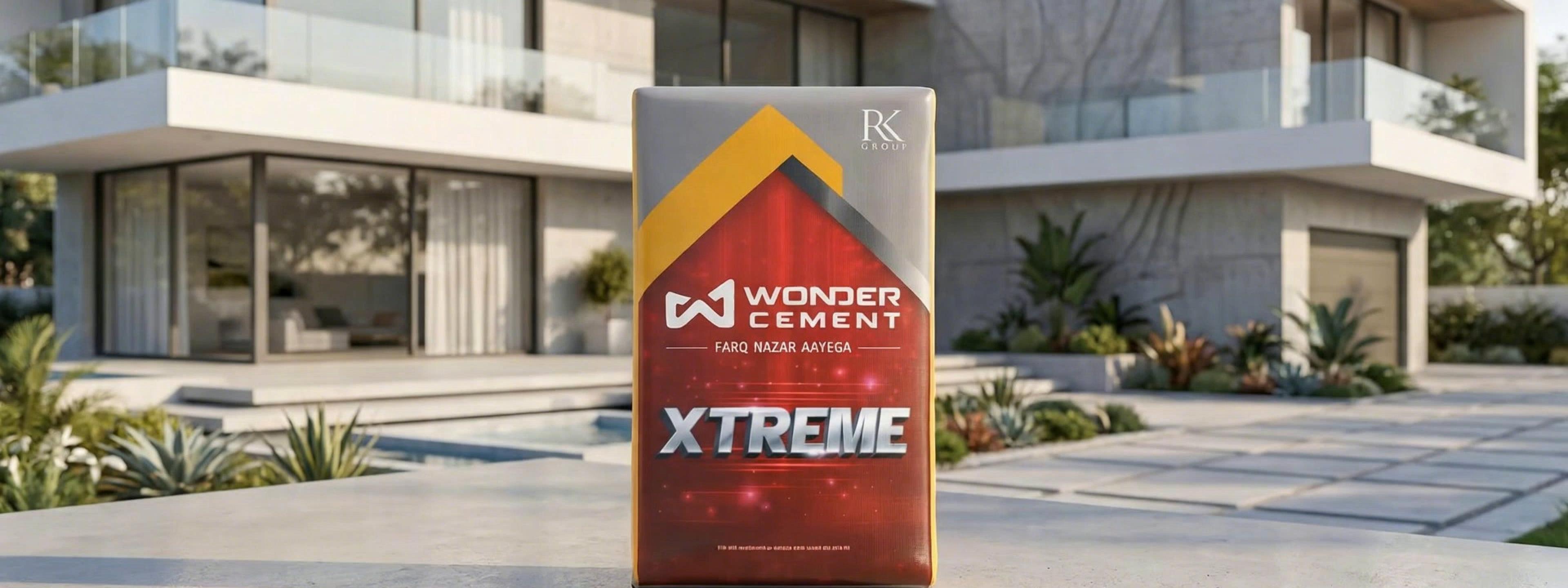 Red and gold Wonder Cement Xtreme bag standing before a contemporary architectural building.