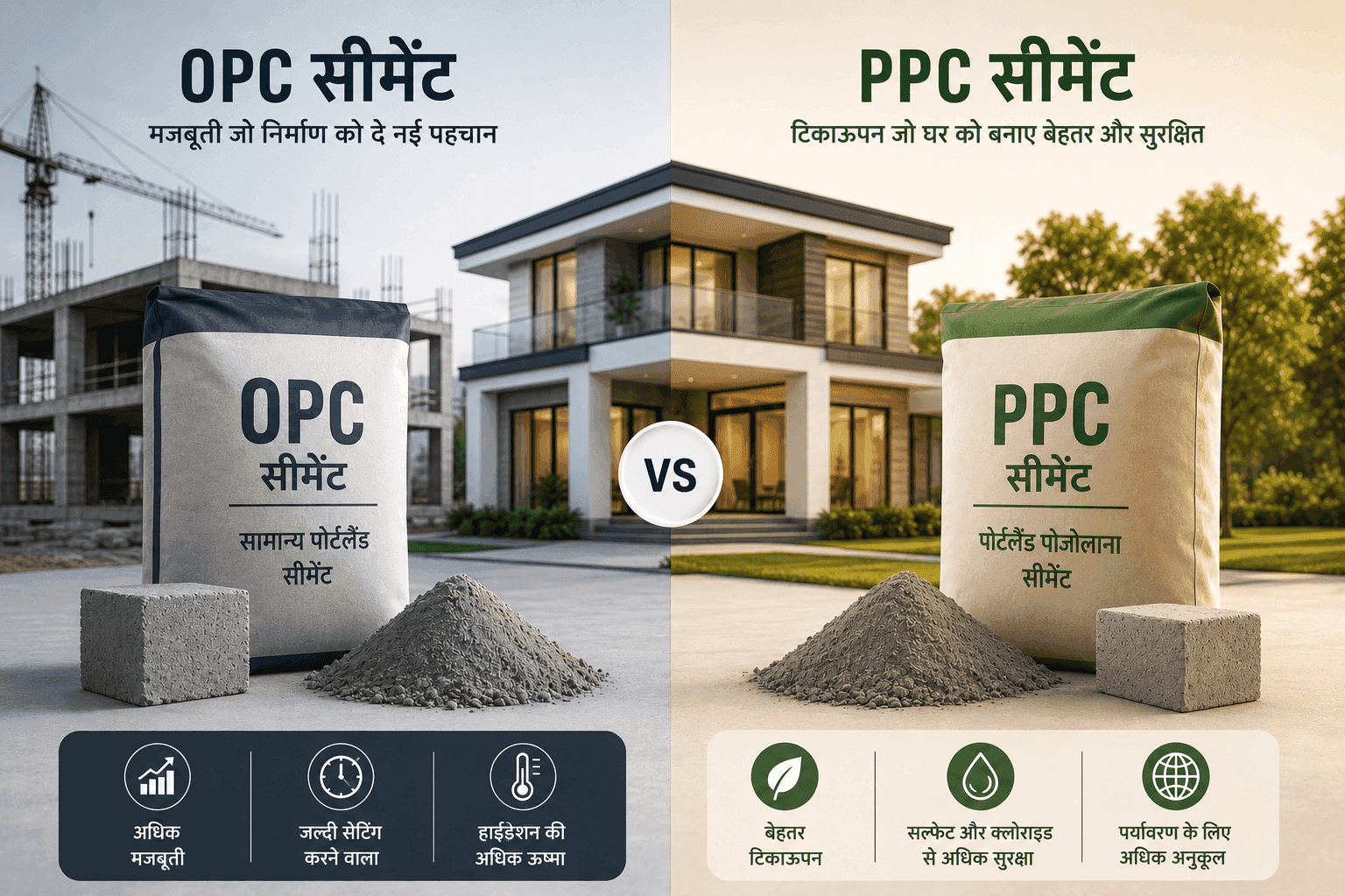 OPC cement bag and construction site contrast with PPC cement bag and modern finished house.