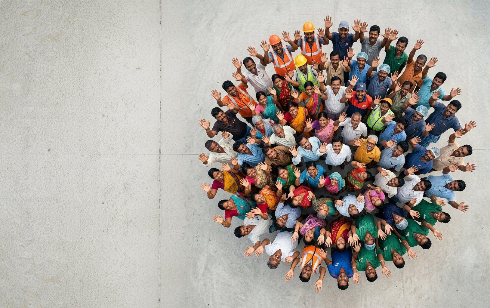 Large diverse group forming a circle, seen from above, waving to the camera.