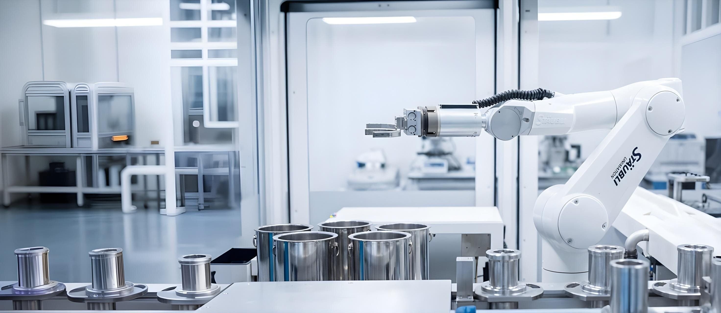 White robotic arm precisely manipulating components on a conveyor belt in a sterile clean room.