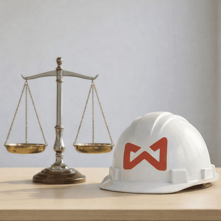 Balance scale next to a white hard hat with a red geometric logo.