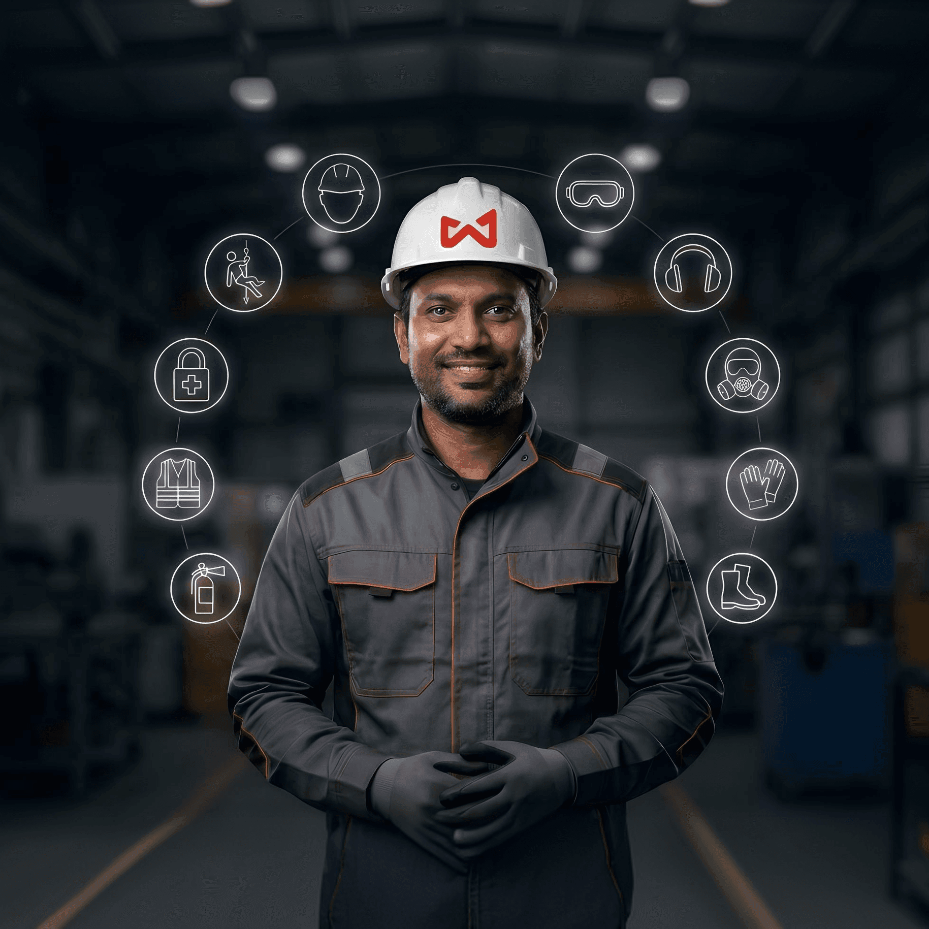 Smiling man in a hard hat and workwear, surrounded by PPE icons in a factory setting.