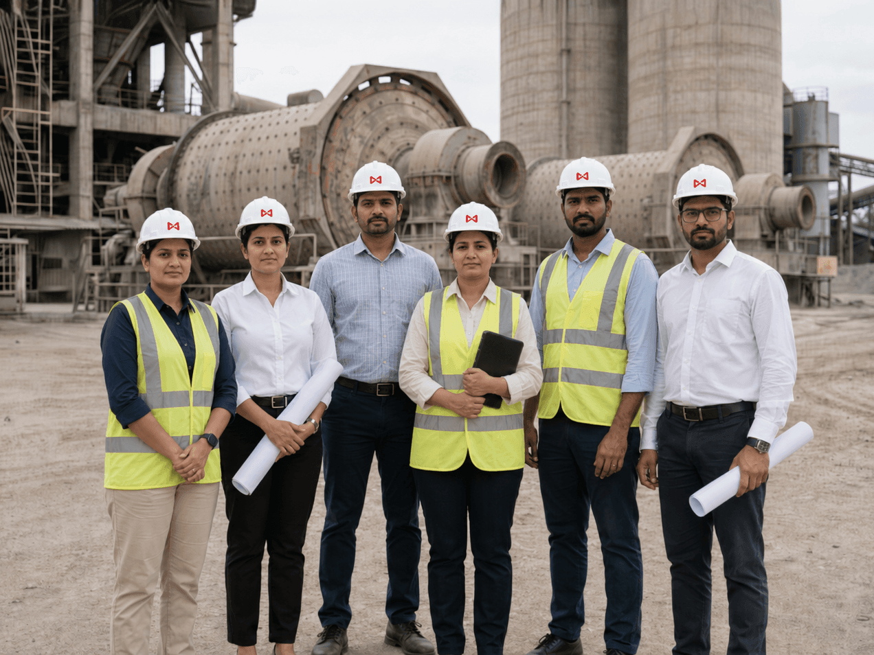 Six engineers in hard hats and vests stand in front of large industrial machinery.