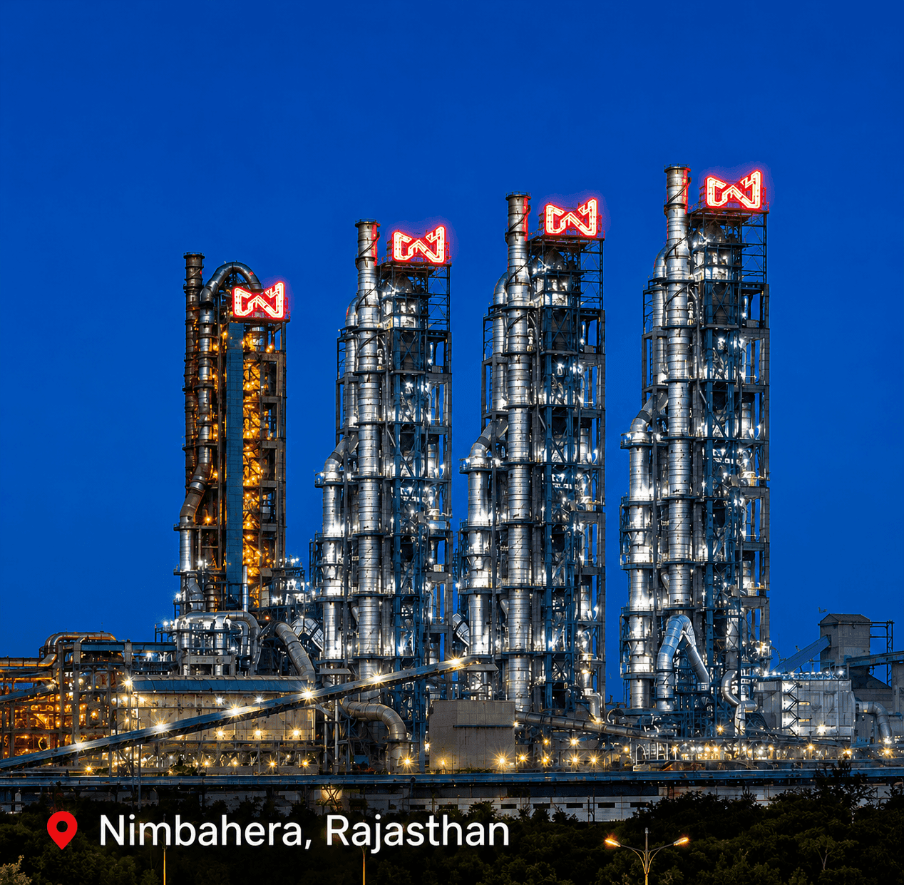 Industrial cement plant with four illuminated towers, red logos, at night in Nimbahera, Rajasthan.