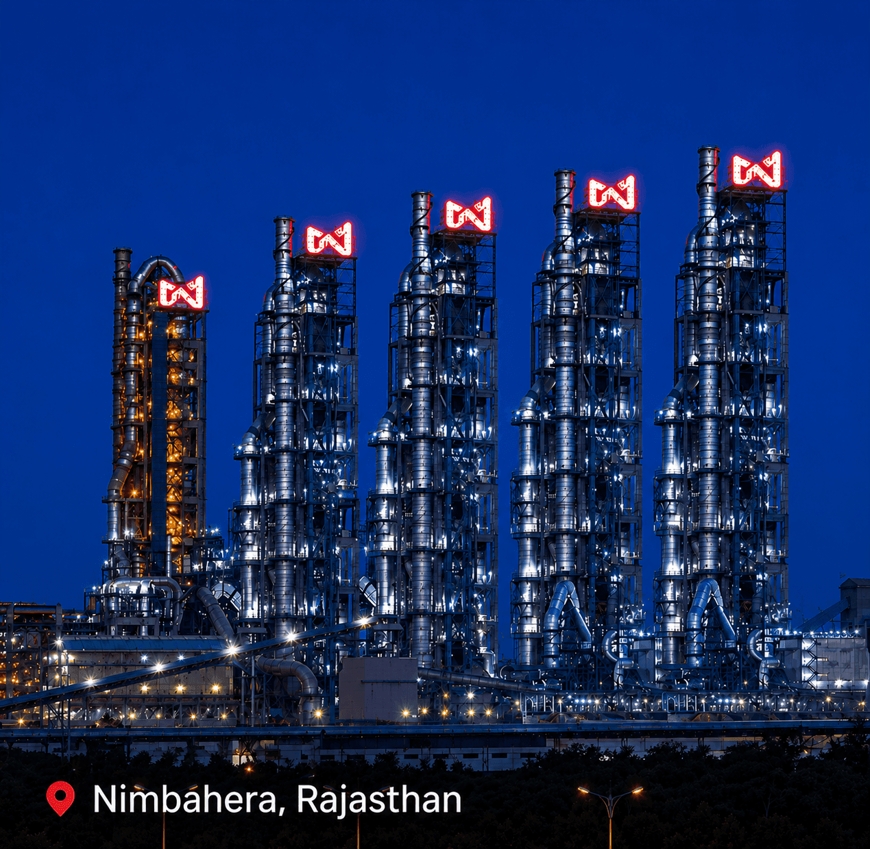 Illuminated industrial plant at night with multiple tall towers bearing red logos.
