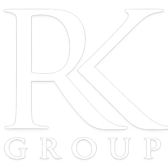 Stylized white 'RK' letters intertwined above 'GROUP' on a black background logo.