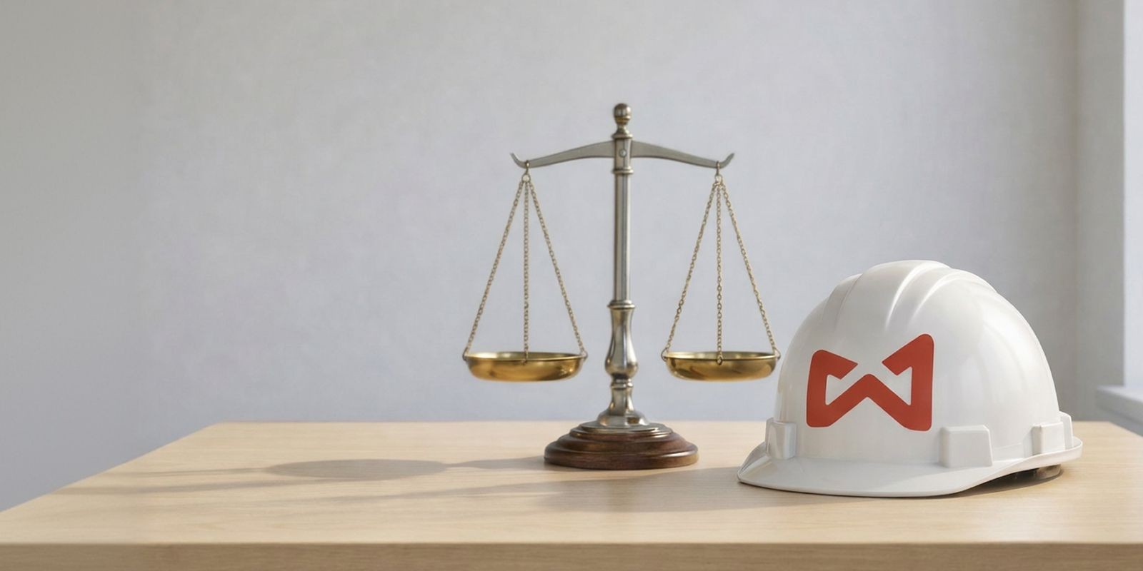 Gold balance scale and a white hard hat with a red logo on a table.
