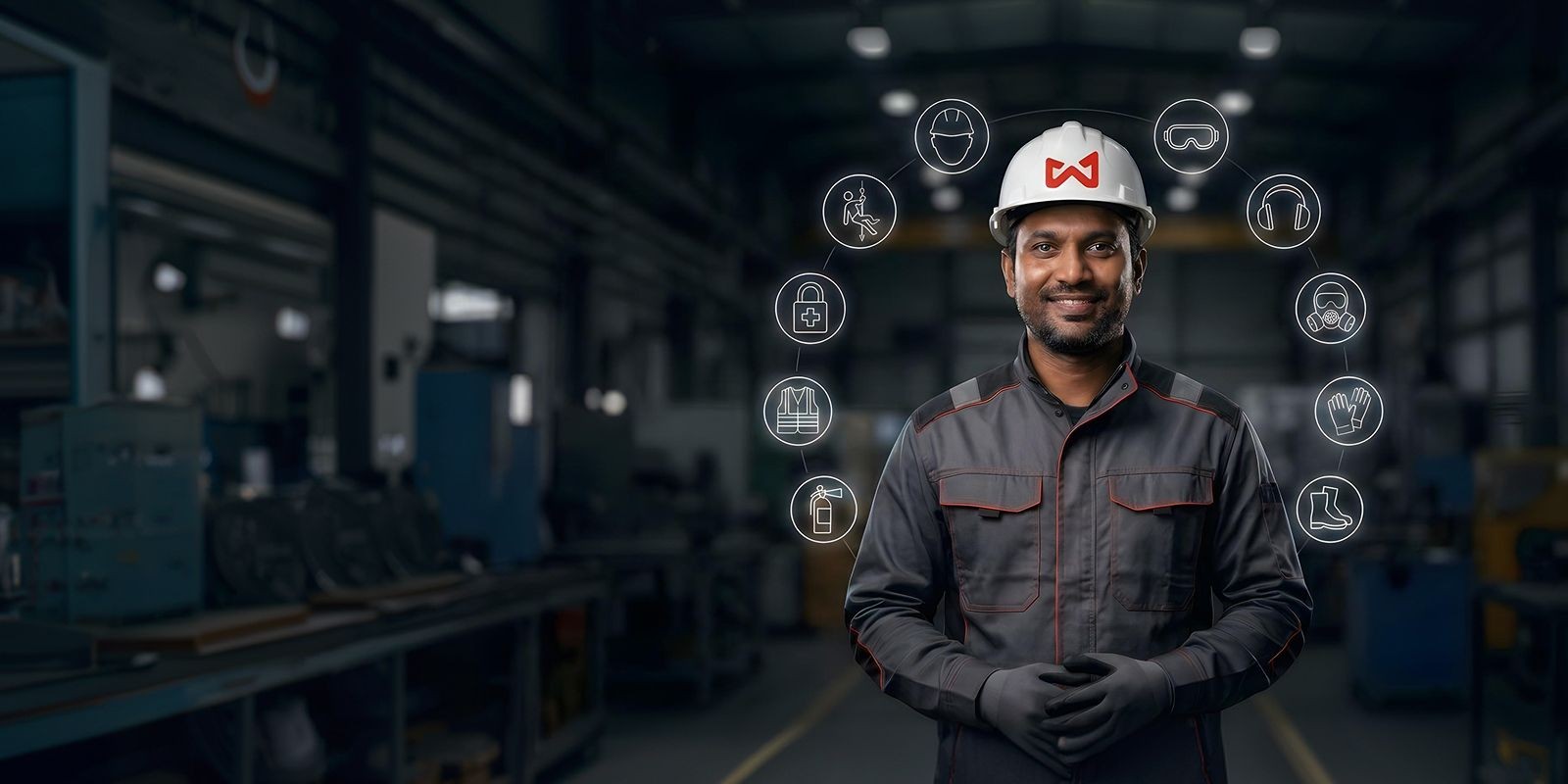 Smiling worker in hard hat surrounded by safety equipment icons in an industrial setting.