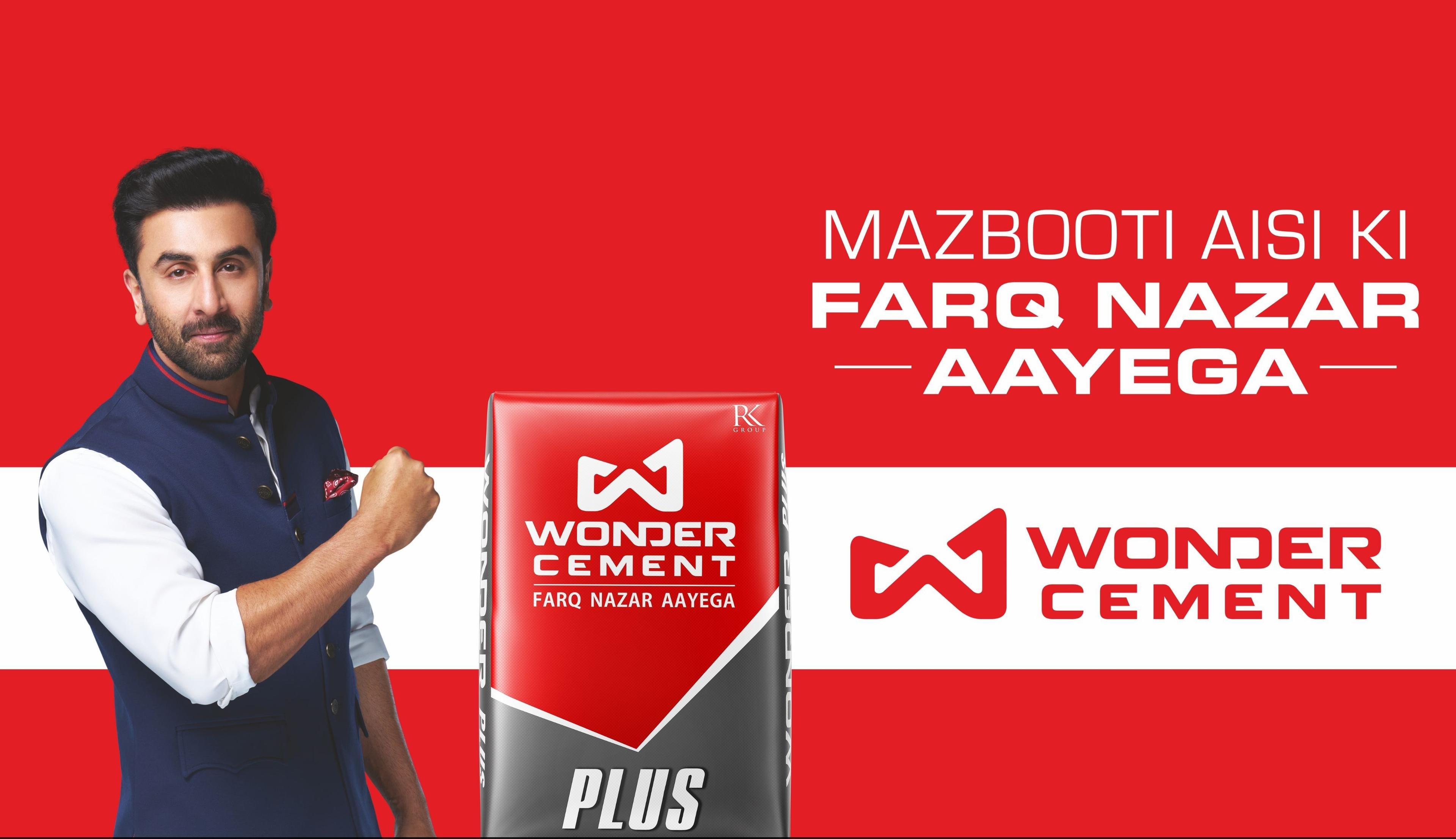Actor Ranbir Kapoor promotes Wonder Cement Plus, highlighting its strength with a slogan.