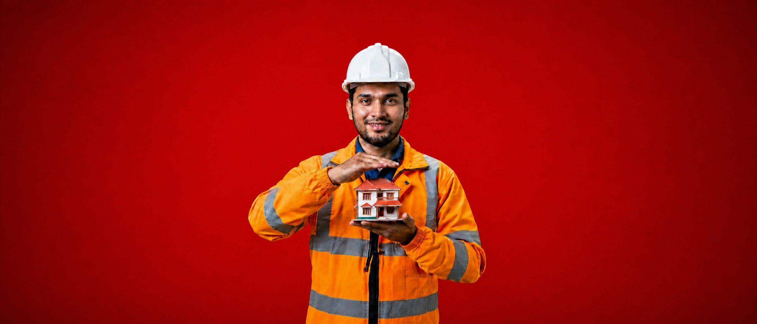 Smiling construction worker in hard hat and safety jacket protecting a model house.