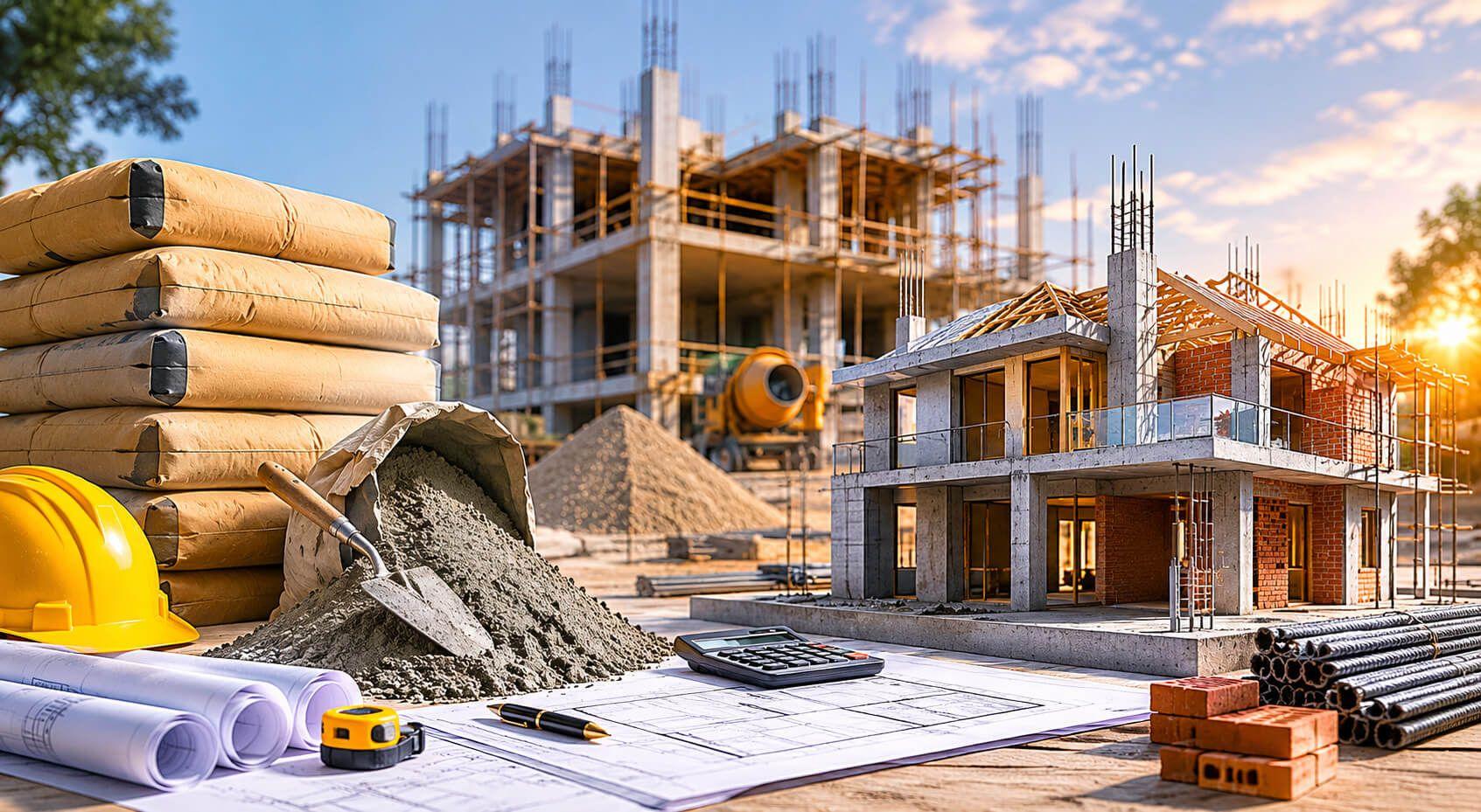 Construction site with multiple buildings under development, alongside cement, sand, blueprints, and tools.