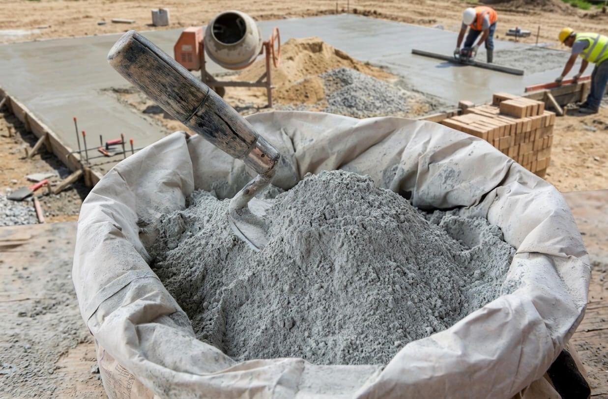 A large open bag of cement with a shovel, construction workers pouring concrete in the background.