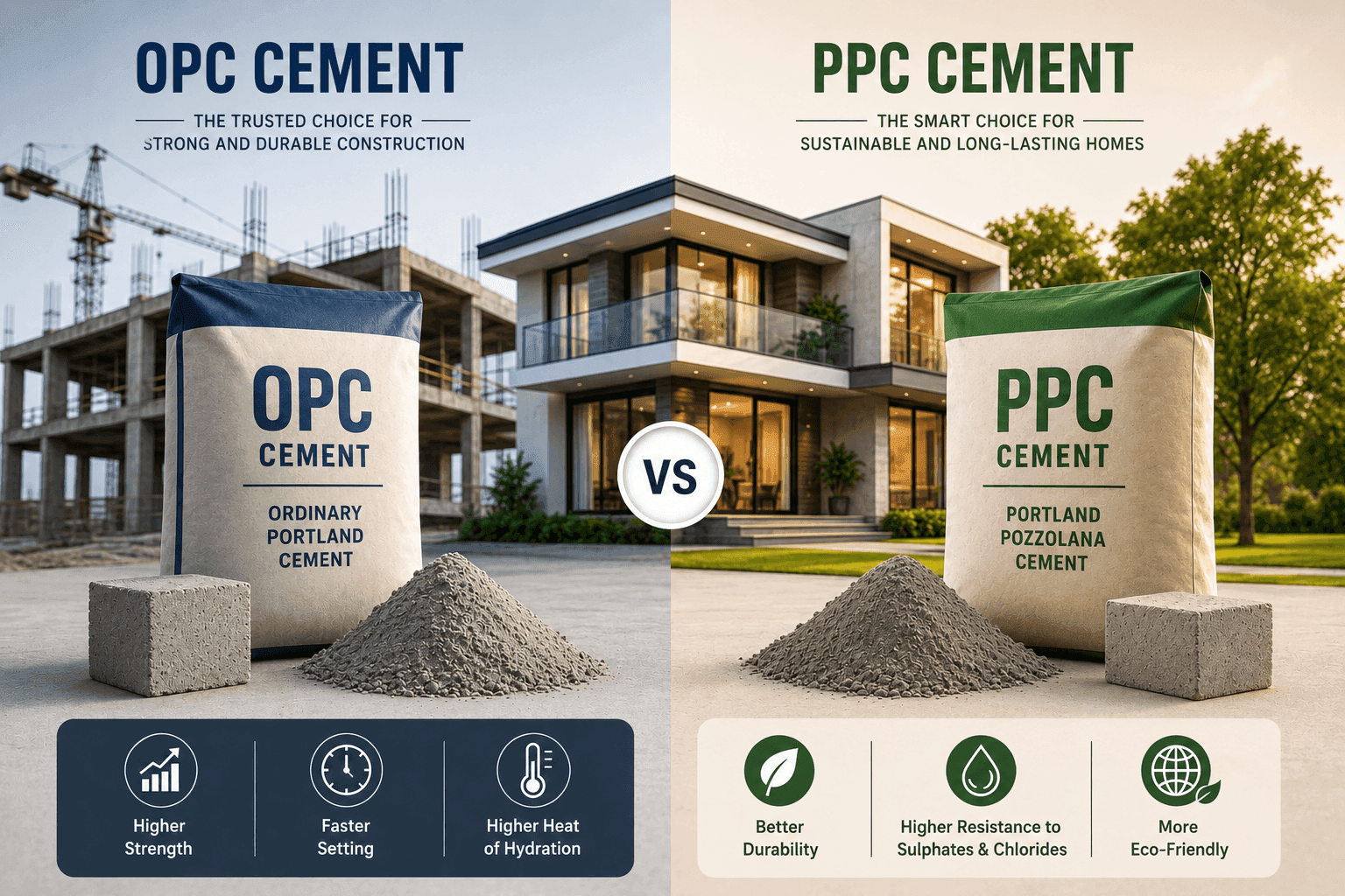A comparison of OPC and PPC cement, highlighting their different applications and benefits.